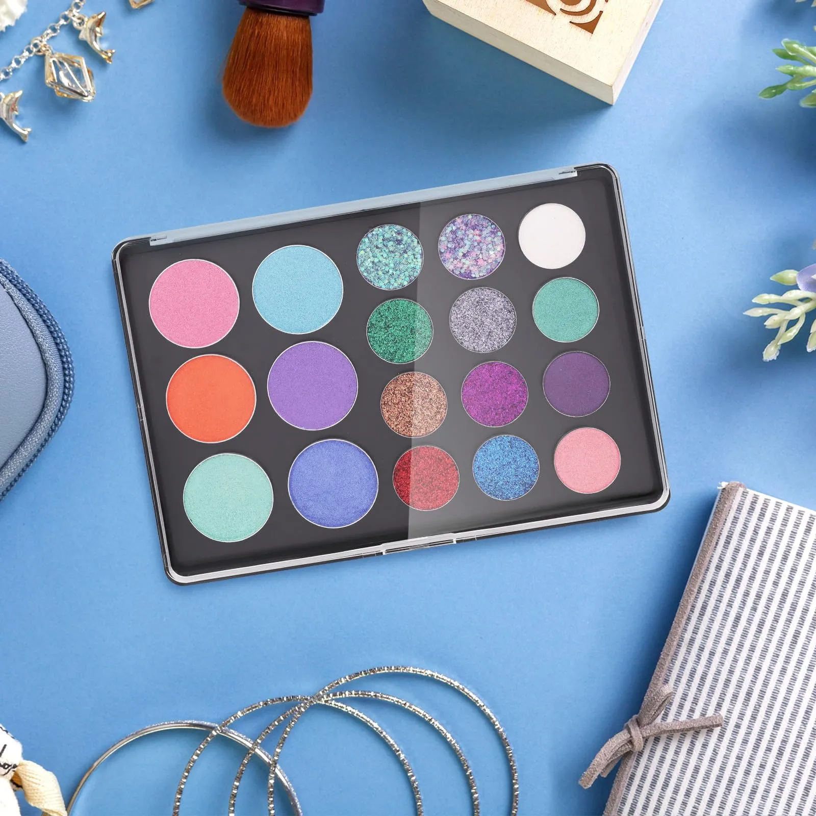AJLTPA Magnetic Makeup Palette with Clear Top, 3Pack Empty Eyeshadow Pan Dispensing Storage Box with 60Pcs Adhesive Metal Stickers for DIY Cosmetics Lipstick Blush Powder-7.87”X5.51”Palette