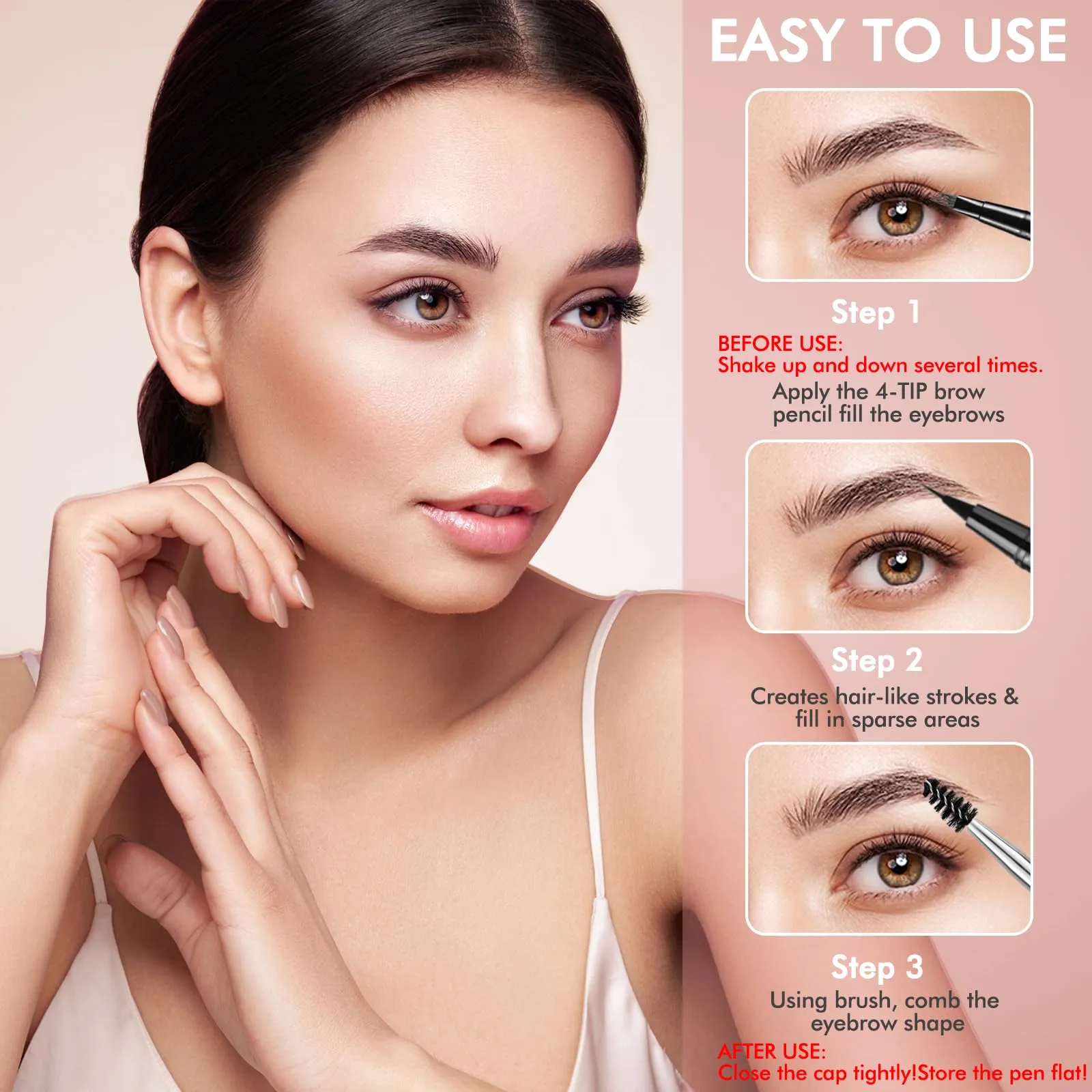 Eyebrow Pencil,2-in-1 Waterproof Eyebrow Pen with 4 Tip Brow Pen and Ultra-Precise Brow Pencil,with Dual-ended Eyebrow Brush,Eyebrow Makeup for Natural Looking Eyebrows-Dark Brown
