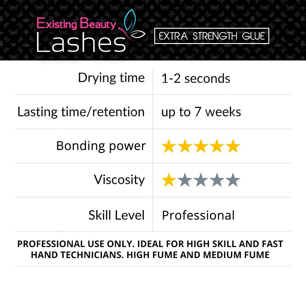 Eyelash Extension Glue Extra Strong Professional Grade Lash Glue for Eyelash Extensions Black Eyelash Glue for Lash Extensions - Drys in 1-2s with 6-7 Week Retention by Existing Beauty Lashes 5ml